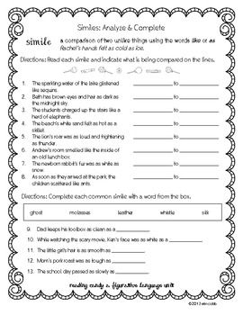 5th Grade Simile Figurative Language Worksheets