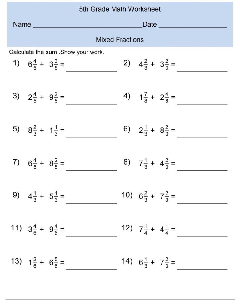 Mixed Fractions Worksheets Grade 5