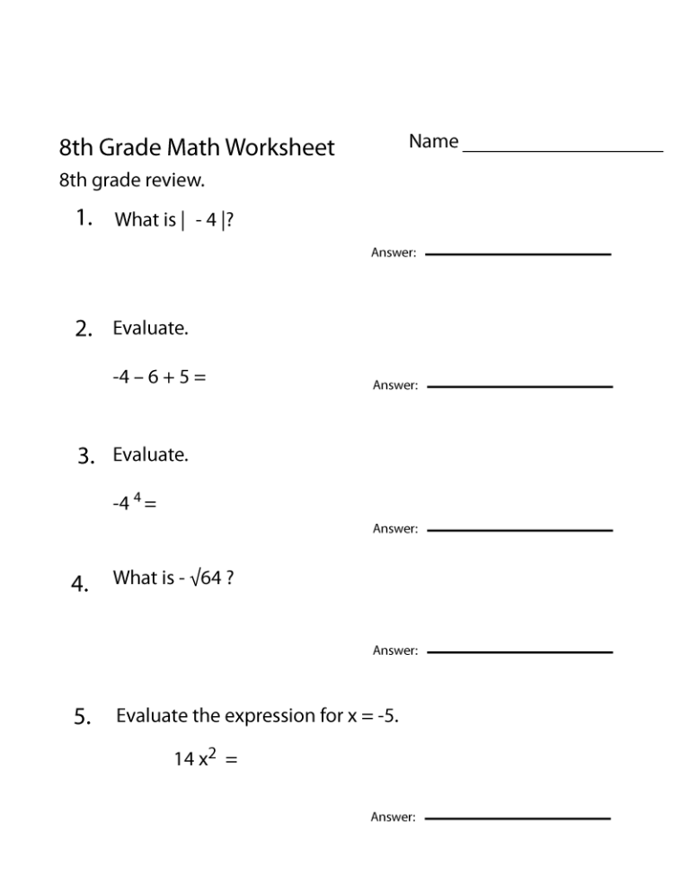 8th Grade Algebra Worksheets Grade 8