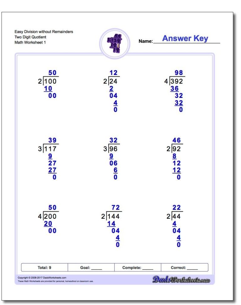 4th Grade Long Division Problems No Remainders