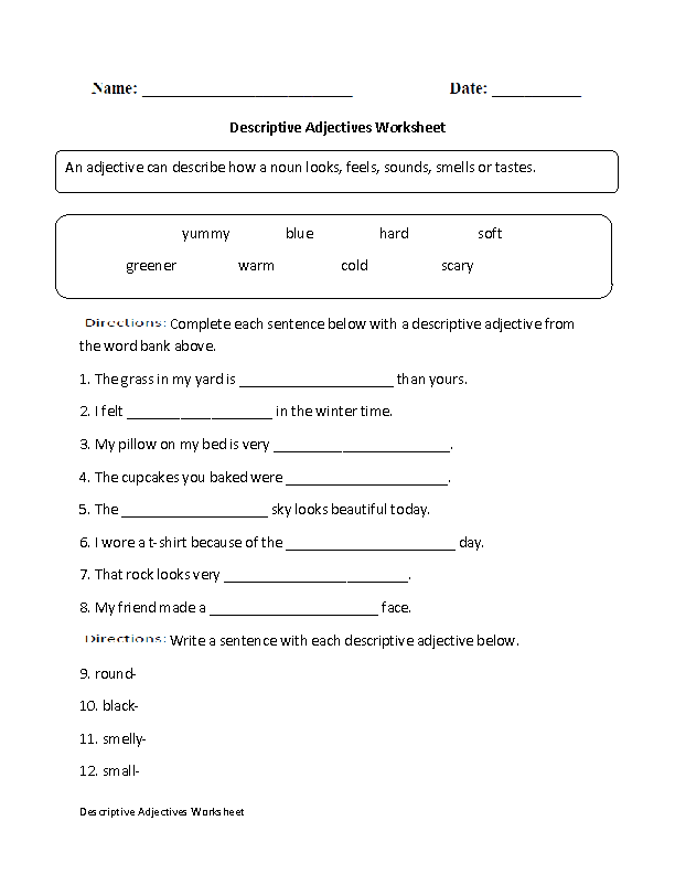 Adjectives Worksheets With Answers For Grade 2