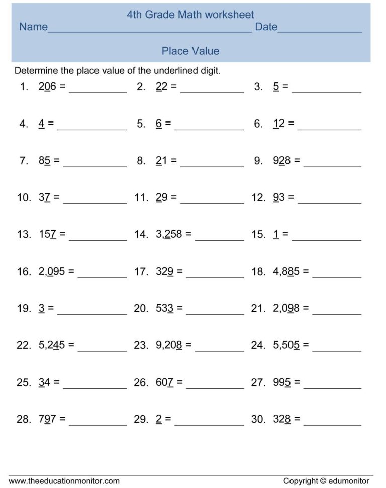 Place Value Worksheets 4th Grade Pdf Free