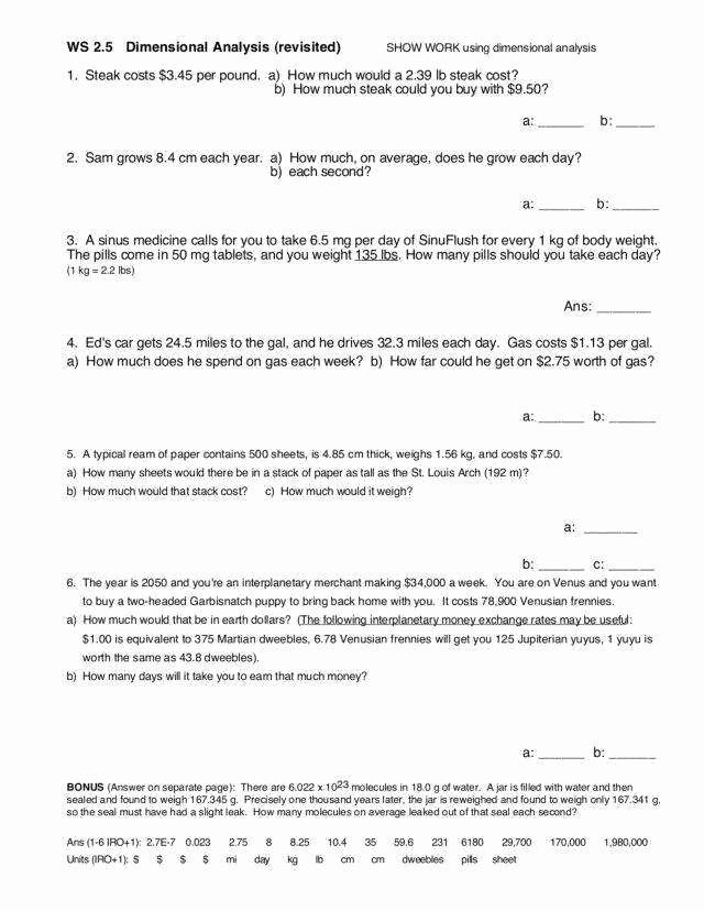 Dimensional Analysis Worksheet Answer Key Pdf