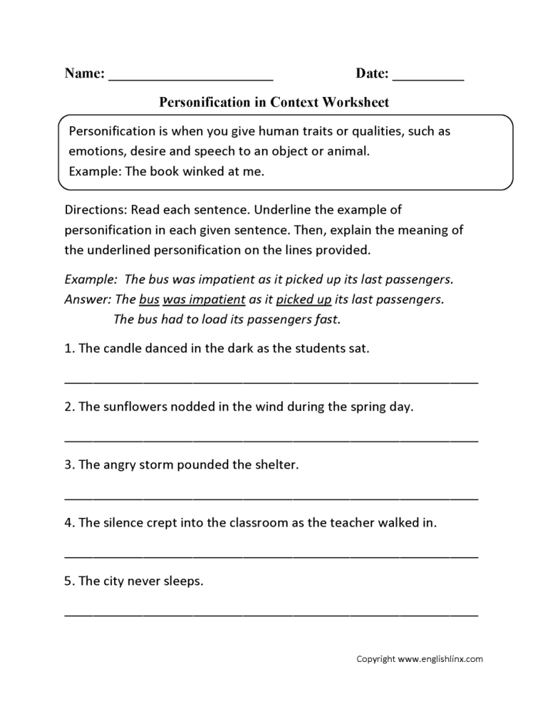 8th Grade Figurative Language Worksheets With Answers