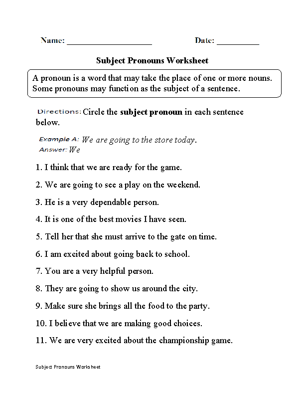 Subject Pronouns Worksheet For Grade 1