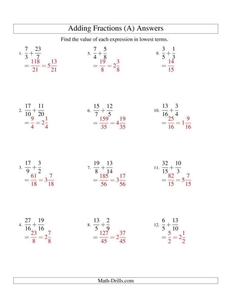 Adding Fractions With Unlike Denominators Worksheets With Answers