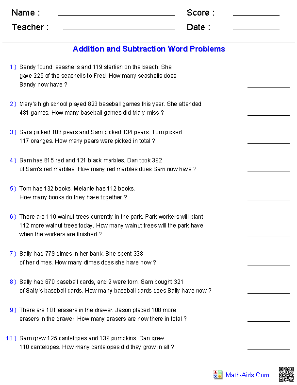 3rd Grade Addition And Subtraction Word Problems