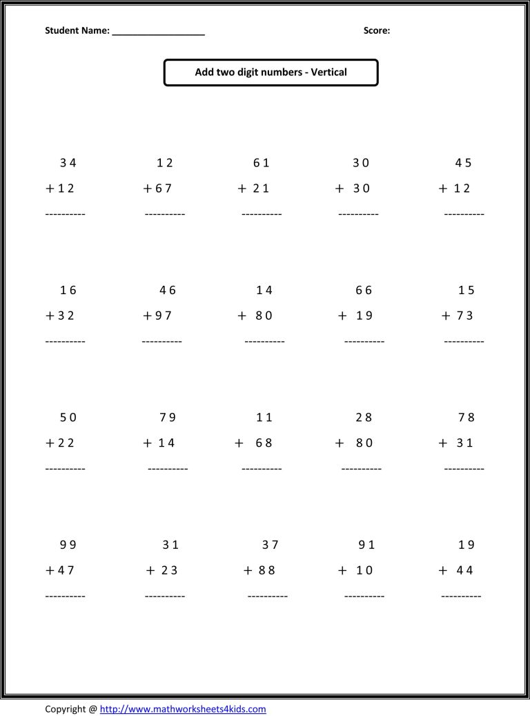 Addition Math Sheets For 2nd Graders